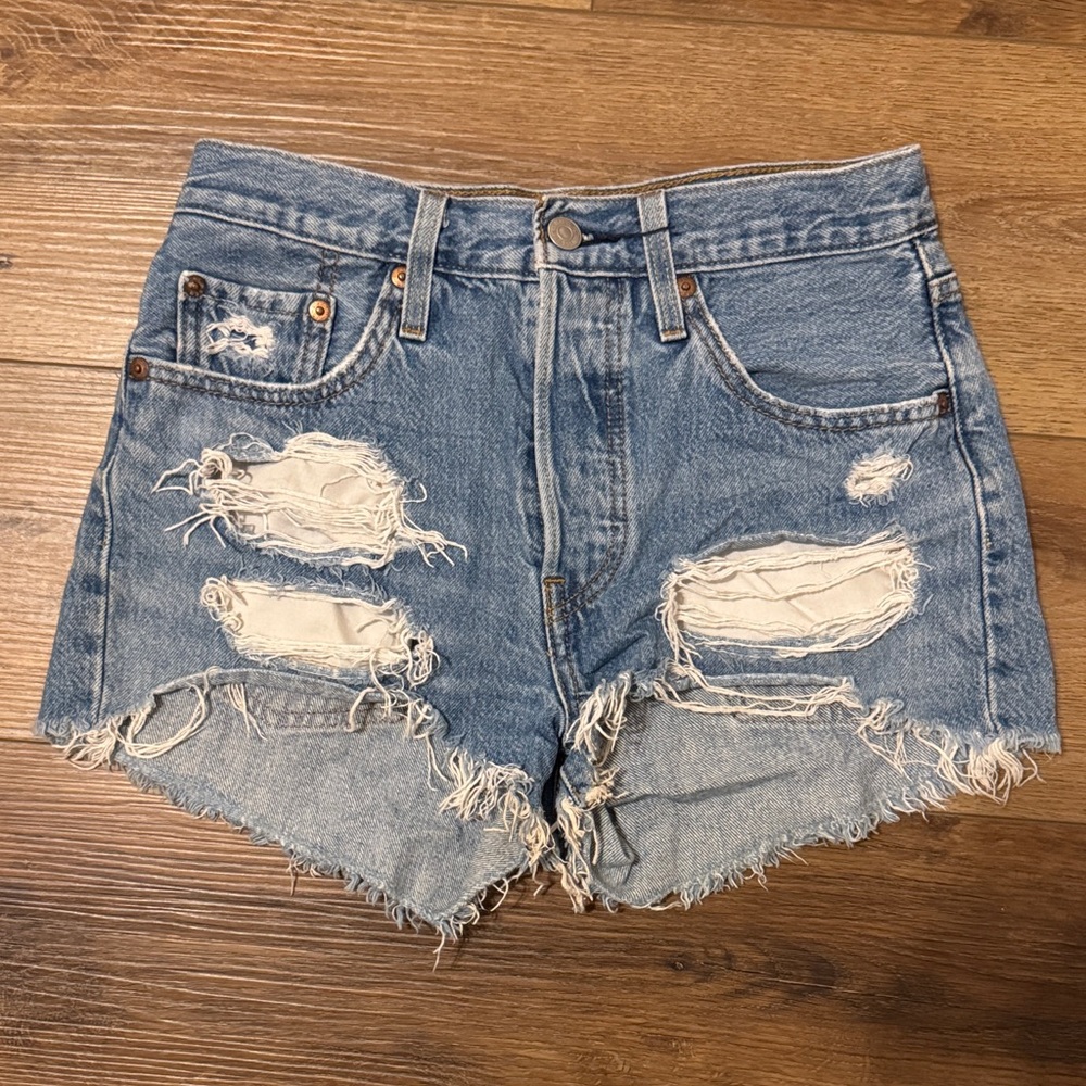 Size 25 Levi's Revolve 501 Cut Off Blue Distressed Jean Shorts